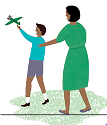 Boy with his mother playing with a toy aeroplane